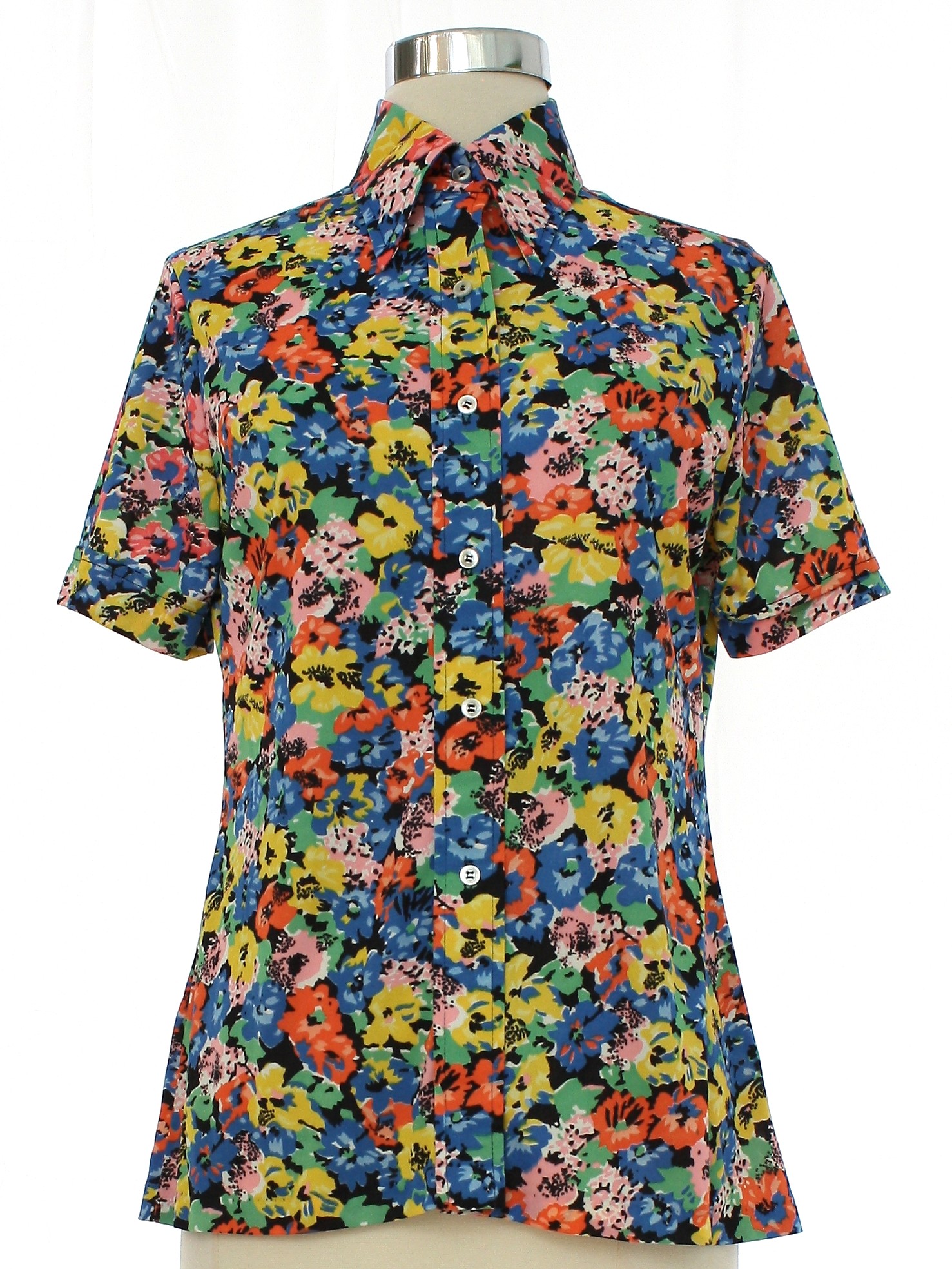 Vintage 1970s Abstract Floral Print Short Sleeve Button-up 