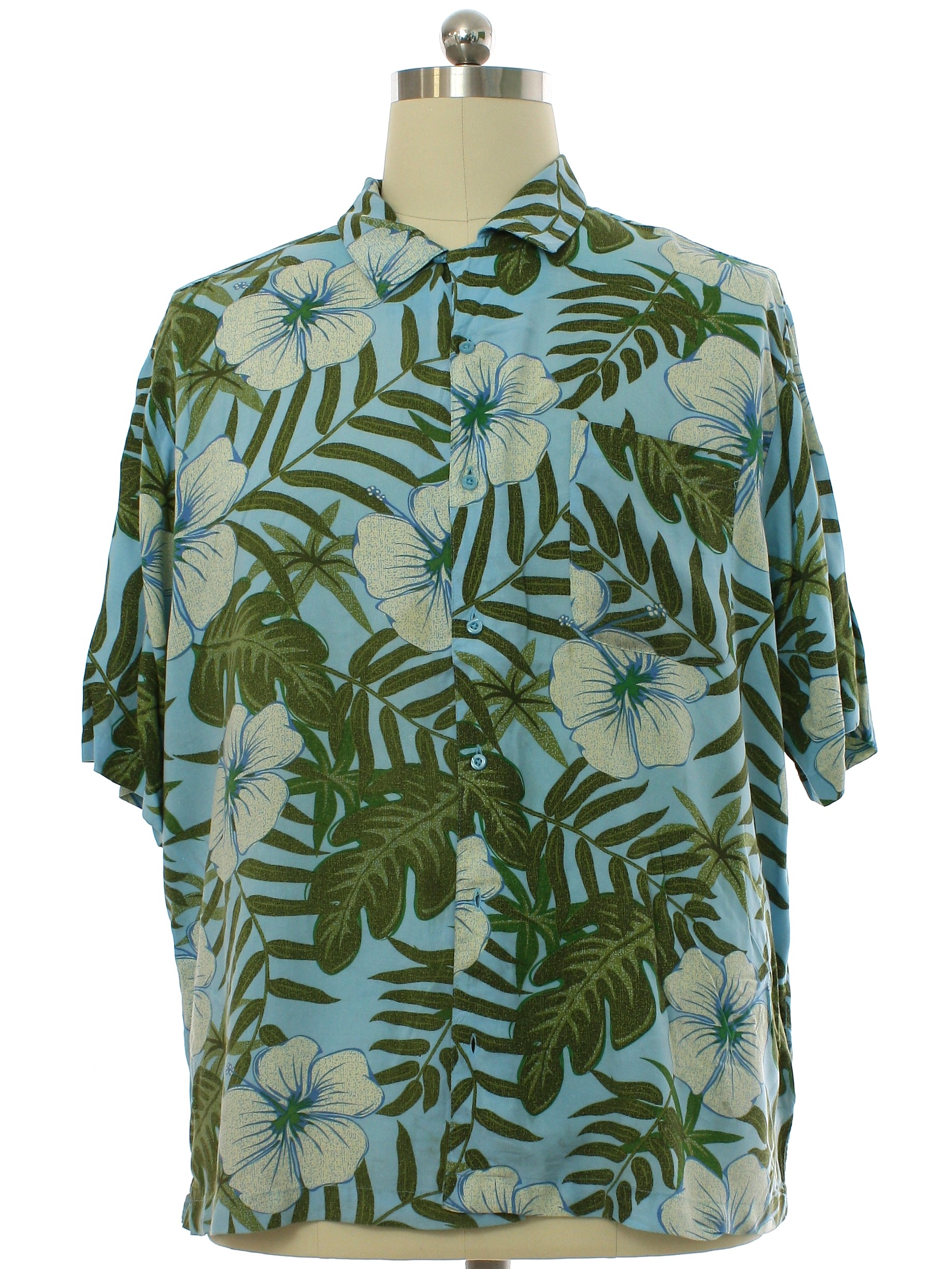 Hawaiian Shirt: 90s -Puritan- Mens sky blue background rayon short ...