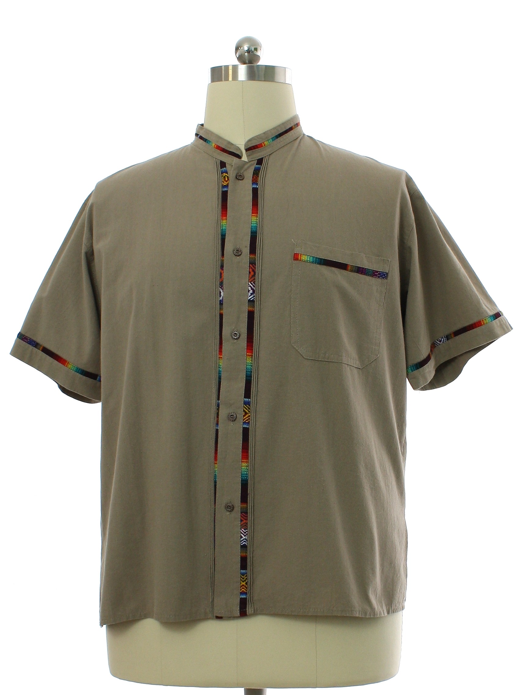 1980s Vintage Hippie Shirt 80s No Label Mens Taupe Background