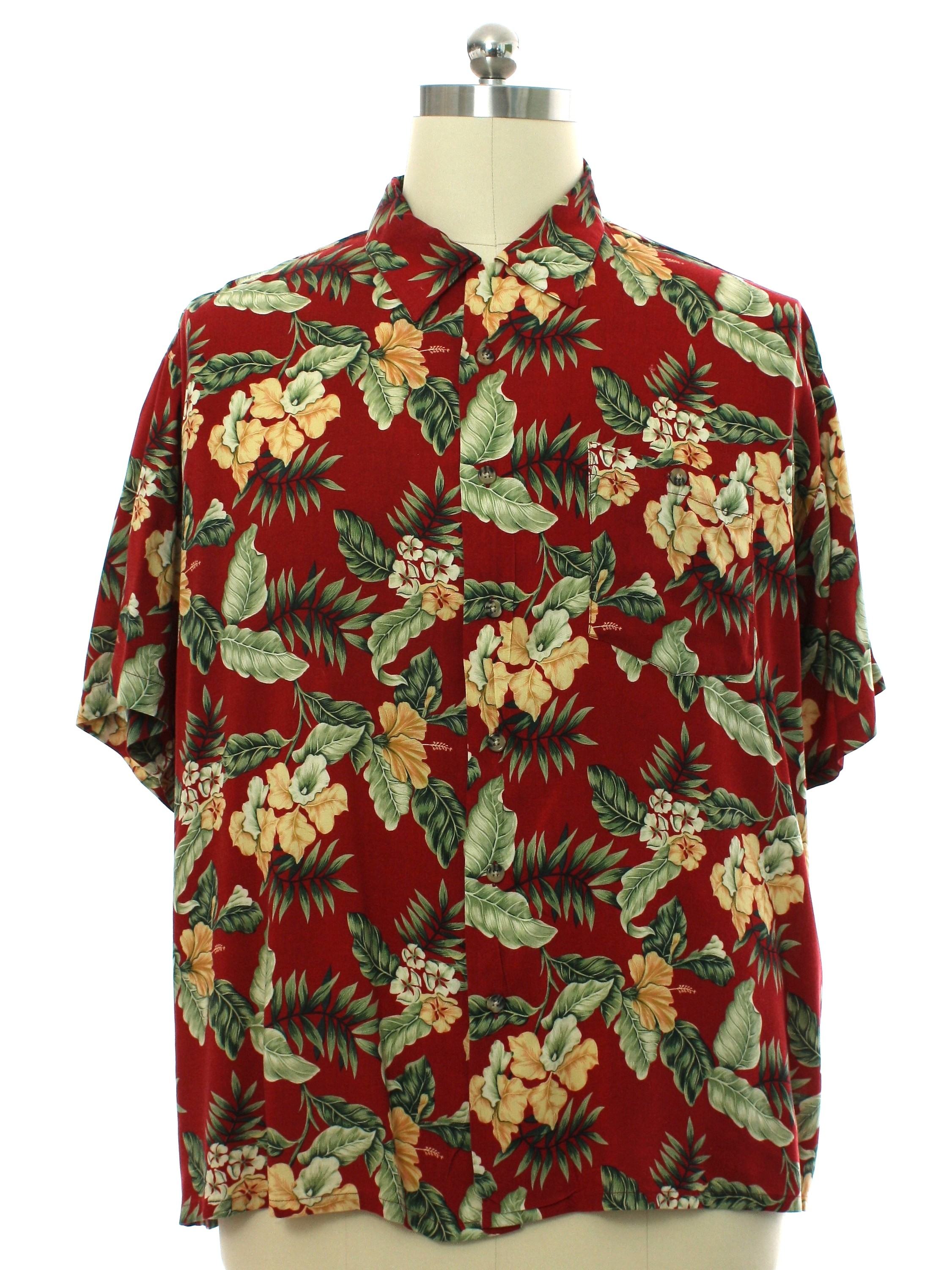 Hawaiian Shirt: 90s -Scandia Woods- Mens red background rayon short ...