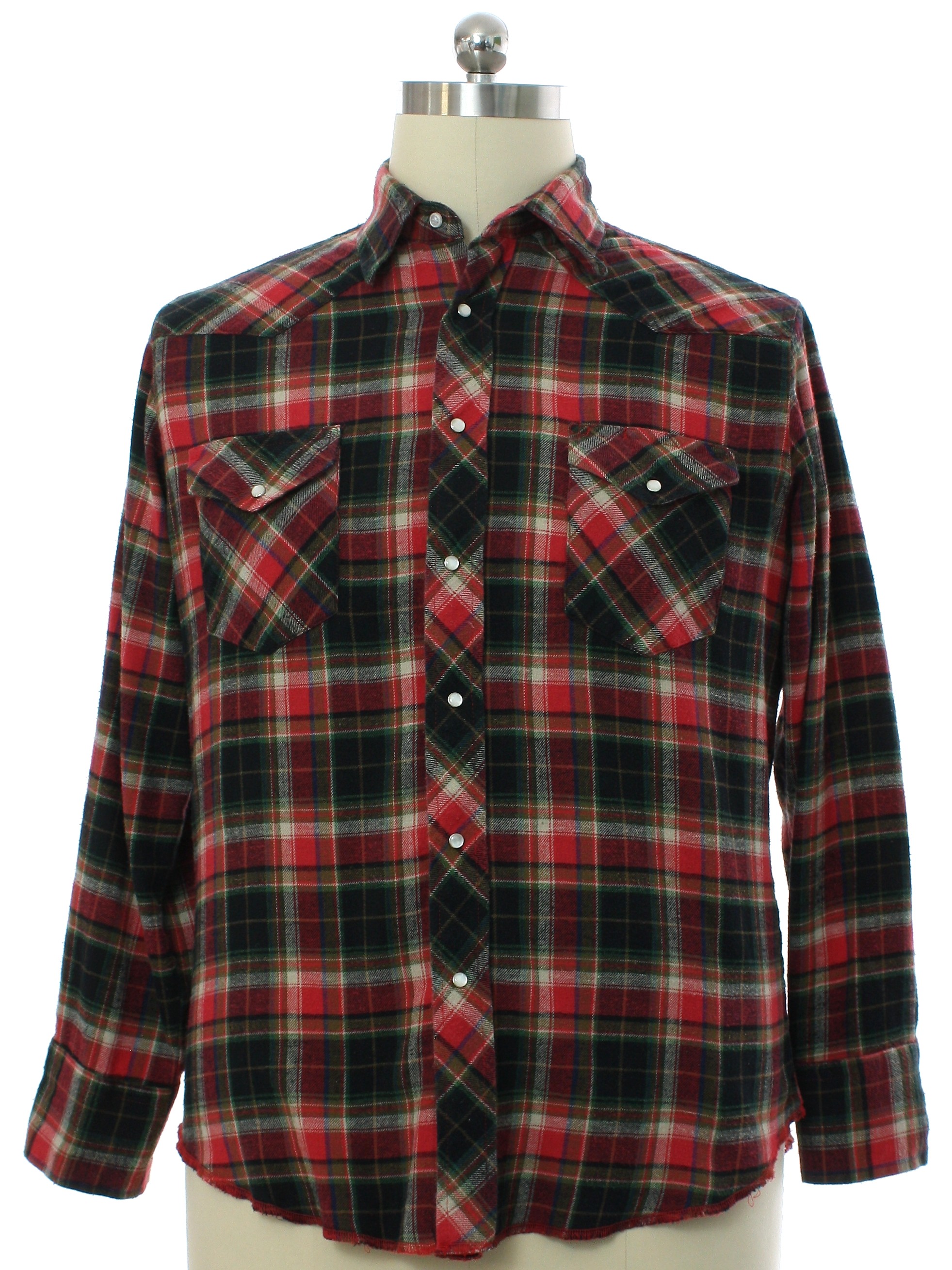 Western Shirt: 90s -Wrangler- Mens red, black, brown, green, and ivory ...