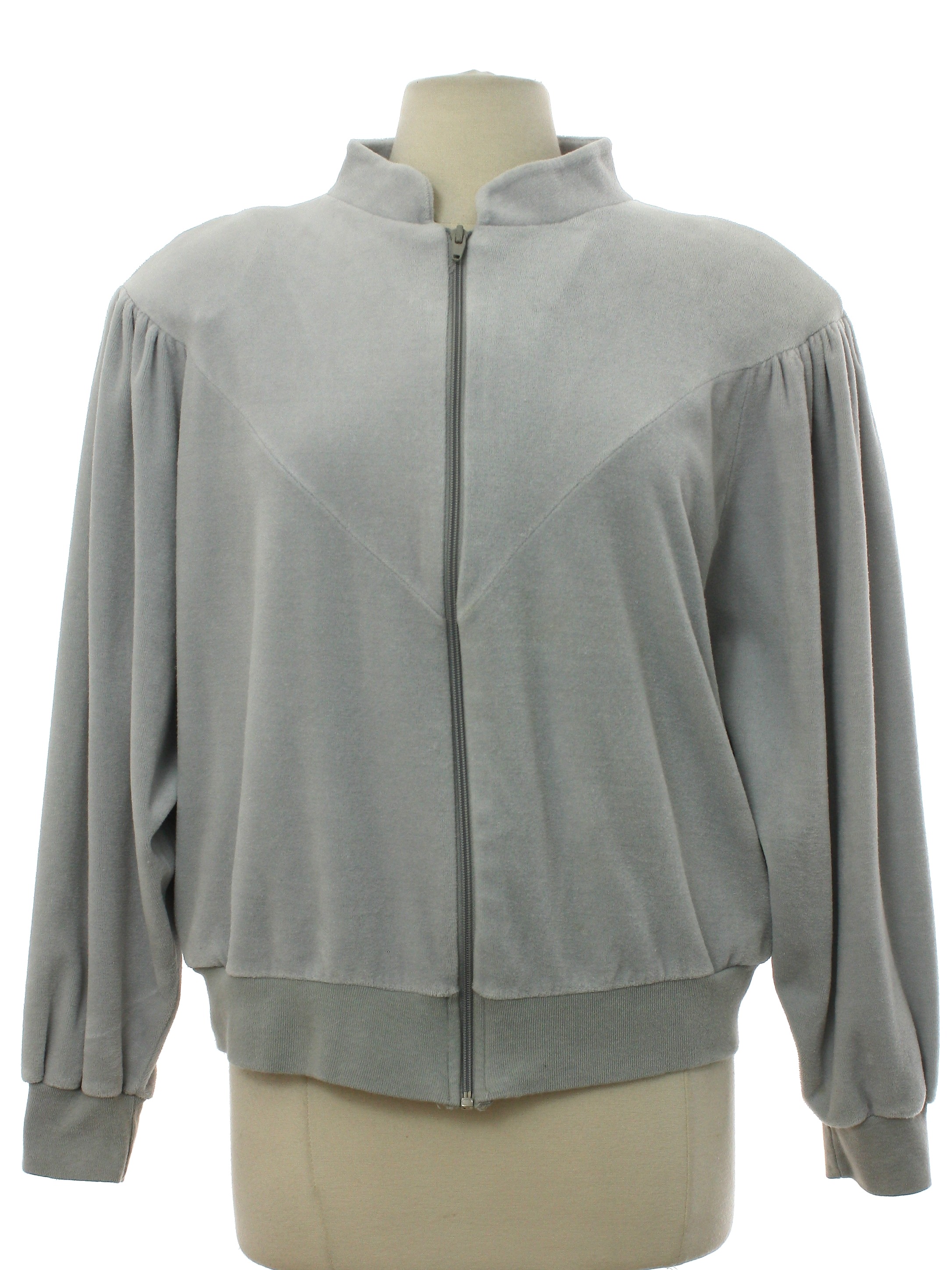 80s Vintage Maurice Michaels Jacket: 80s -Maurice Michaels- Womens dove  gray background polyester cotton velour dolman longsleeve zip front track  jacket. Gathered at the shoulders. Thick shoulder pads. Stand up collar and