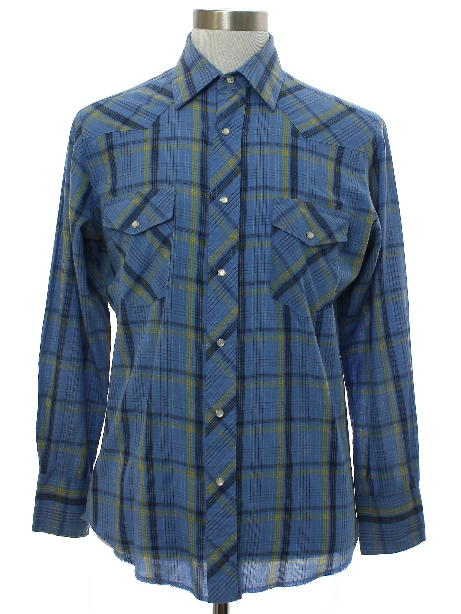 Western Shirt: 90s -Wrangler- Mens cornflower blue, black, and yellow ...