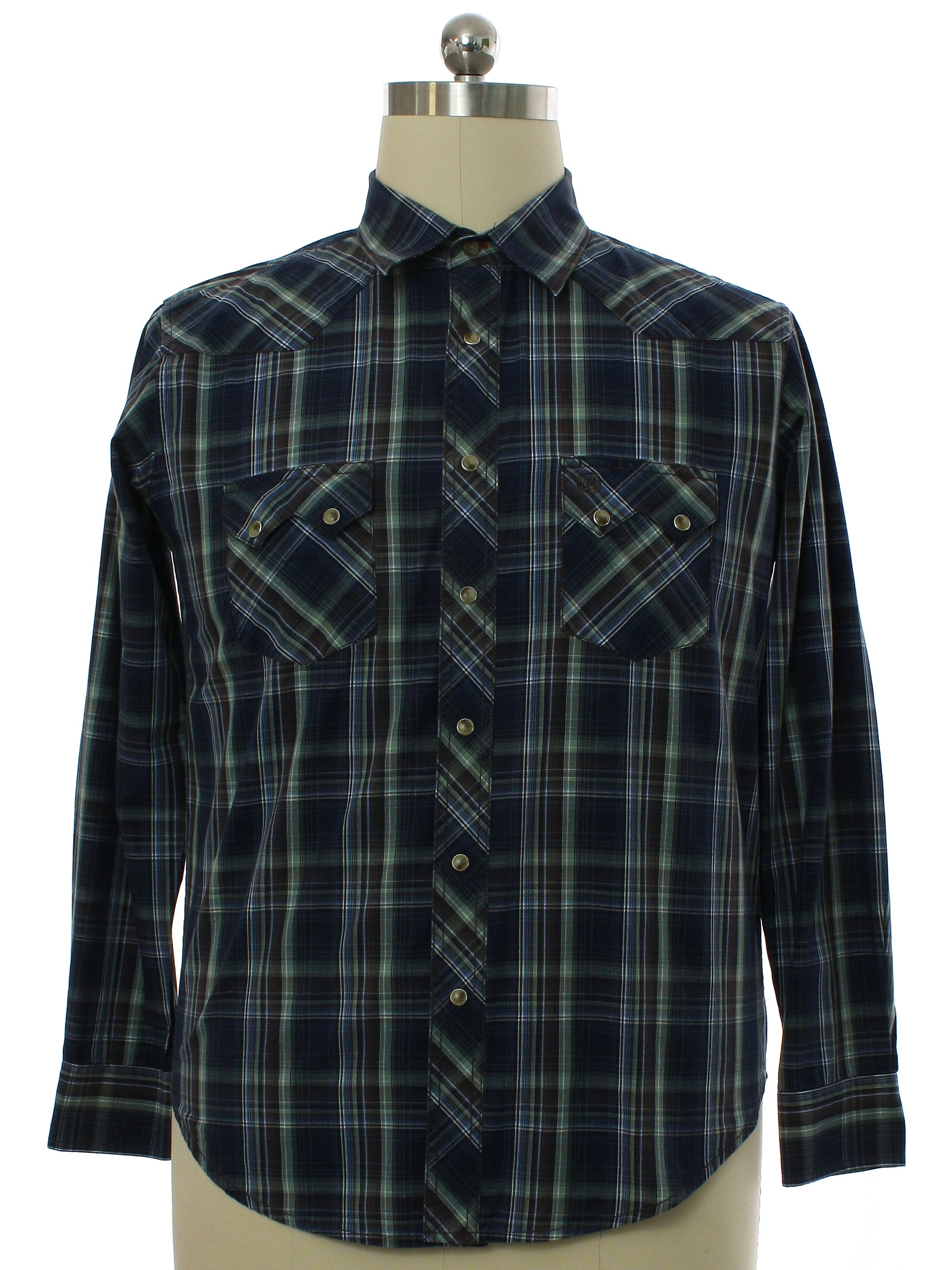 Western Shirt: 90s -Wrangler- Mens navy, brown, blue, white, and sage ...