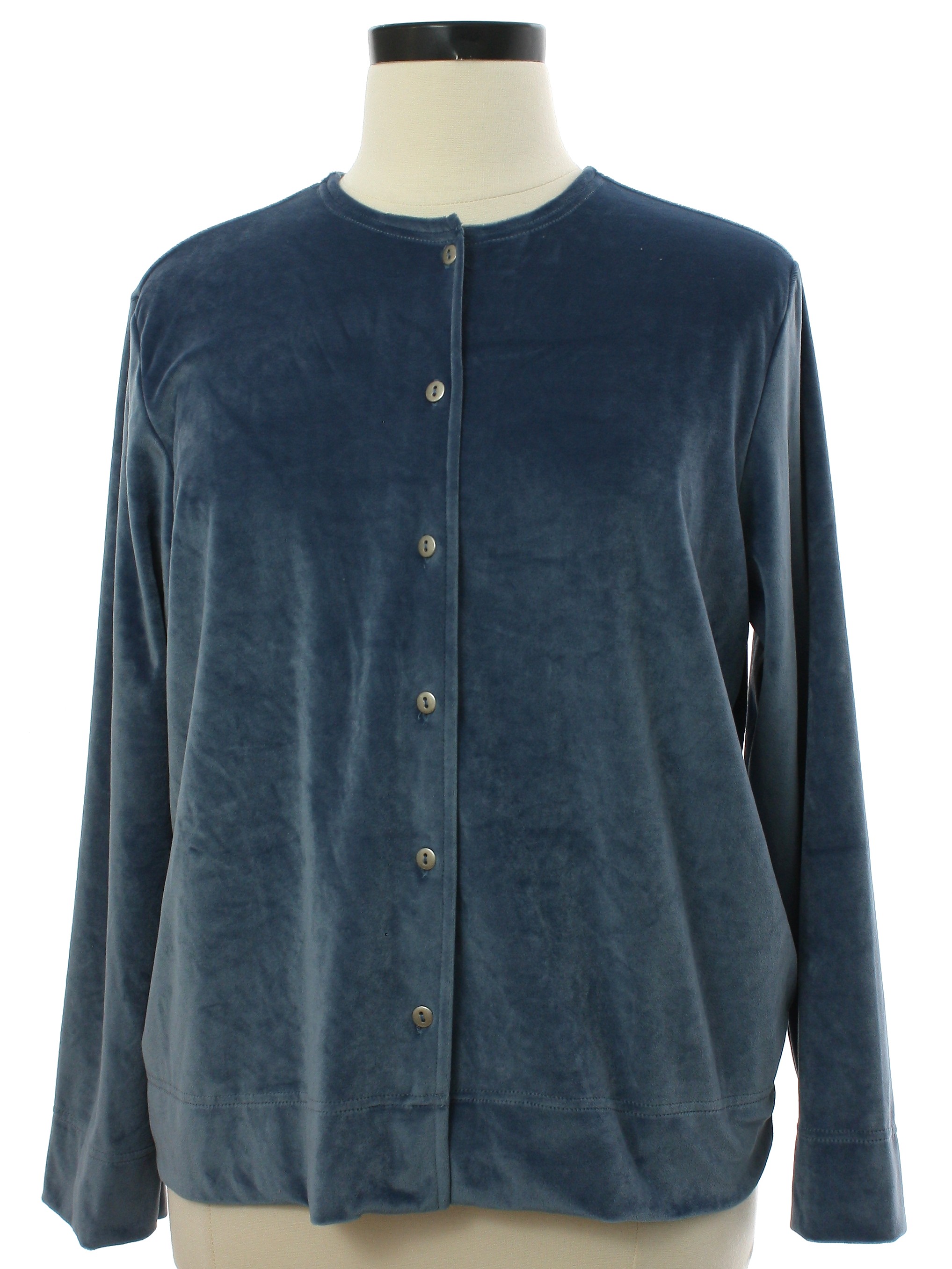 Velour Shirt: 90s -Blair- Womens steel blue polyester velour longsleeve ...