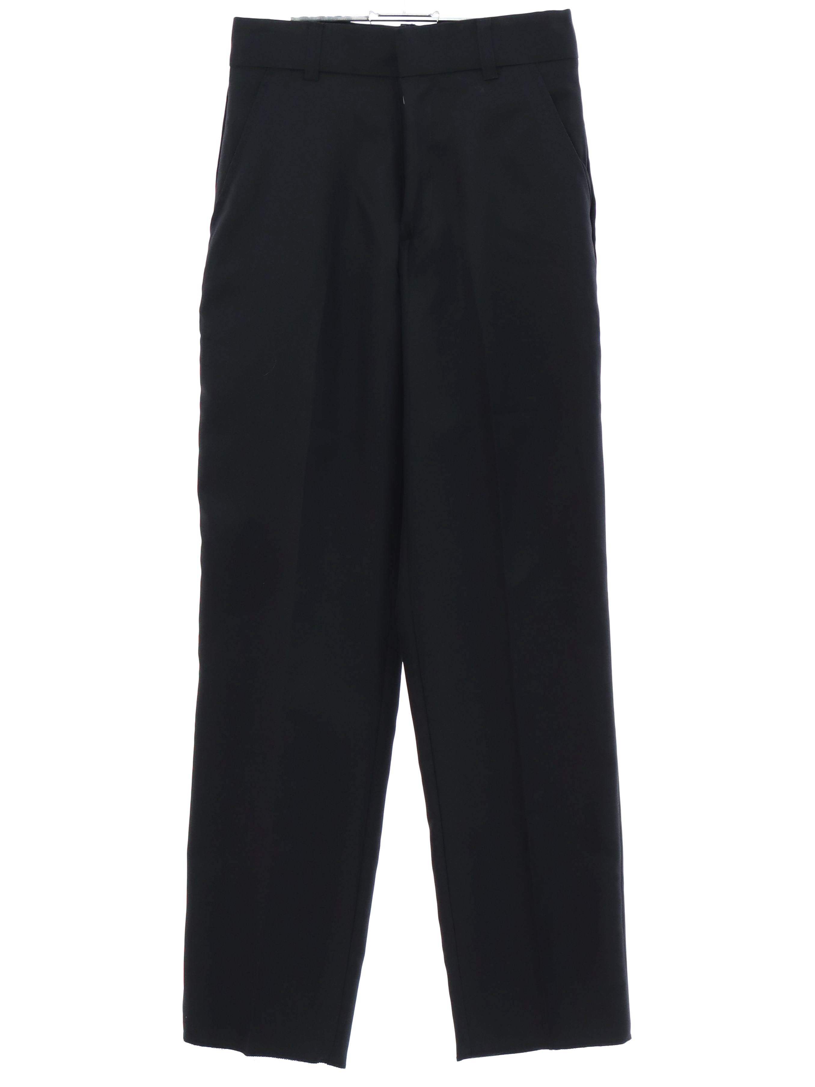 Pants: 90s -Image First- Mens black solid colored crisp polyester twill ...