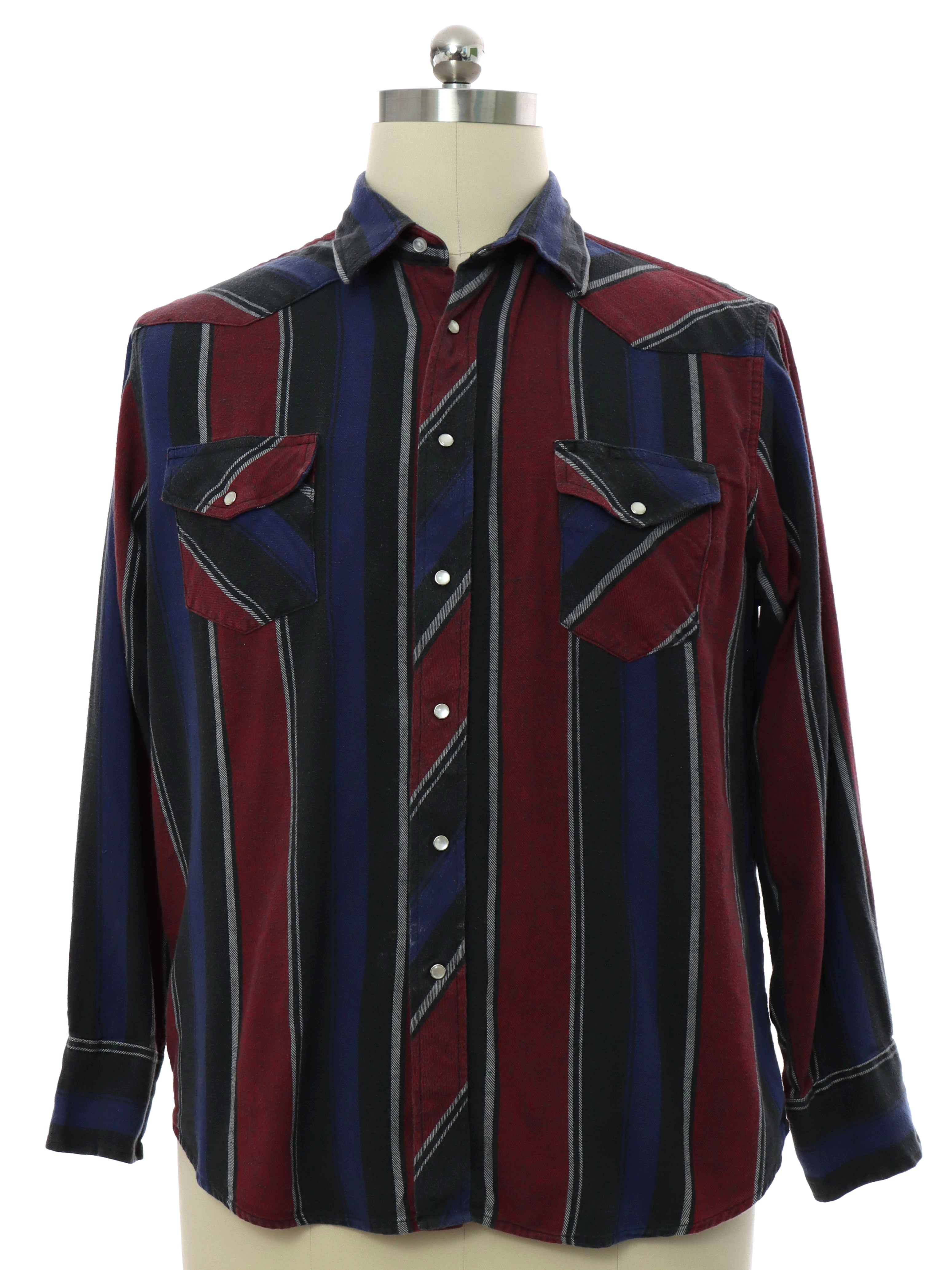 Western Shirt: 90s -Wrangler- Mens faded burgundy, black, gray and blue ...