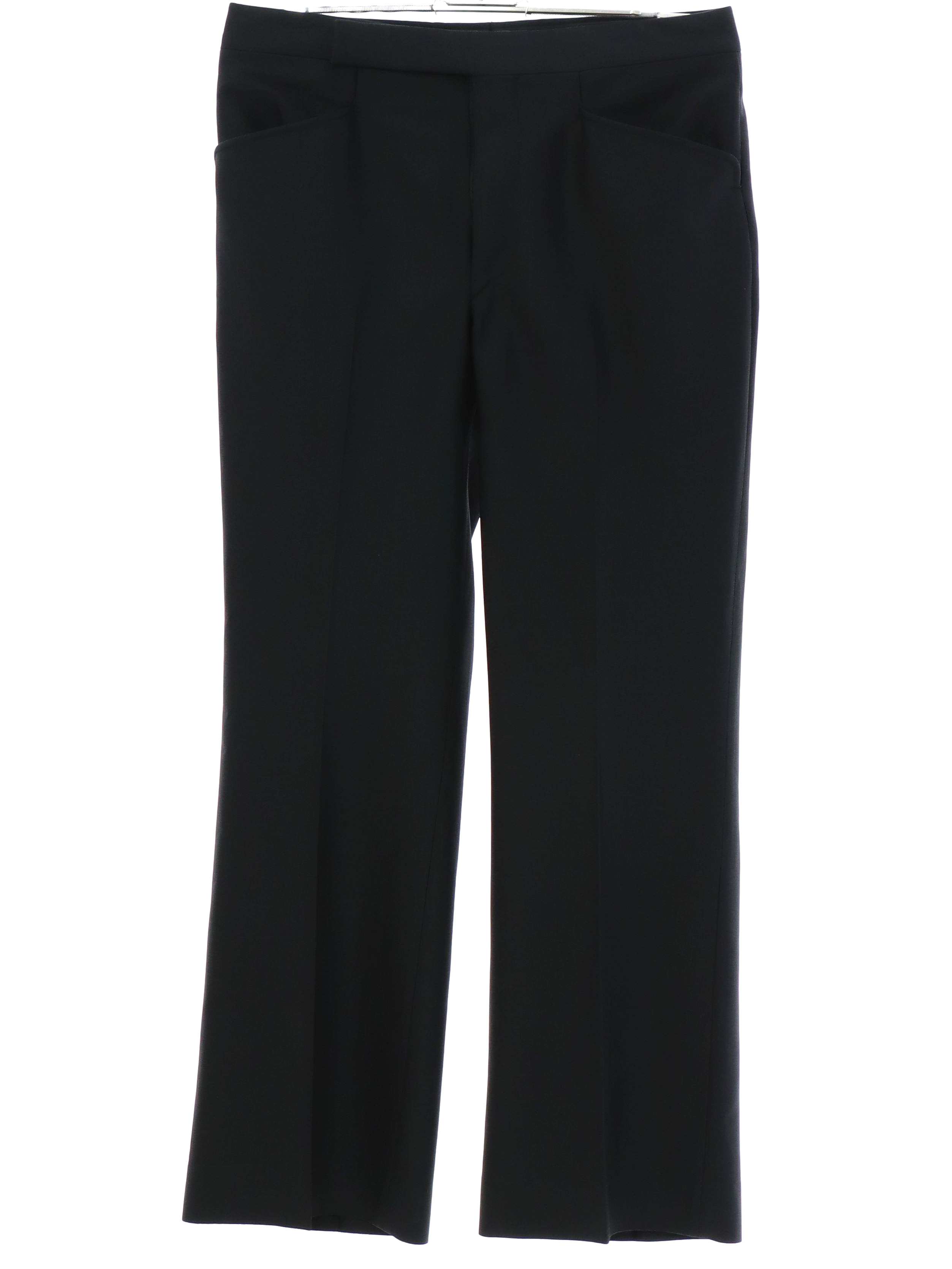 Pants: 90s -Hand Tailored- Mens black solid colored polyester flat ...