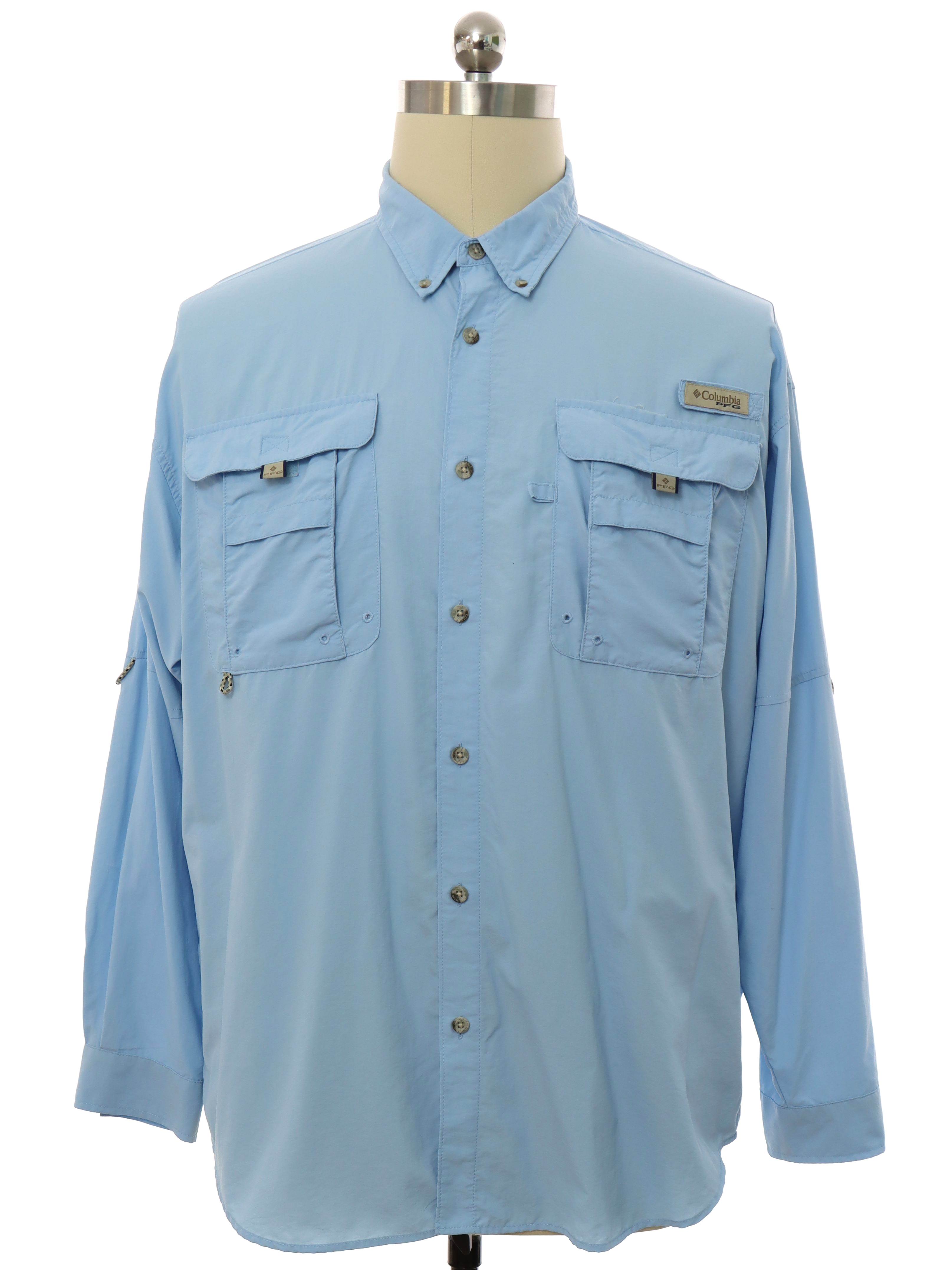 Vintage 1990's Shirt: 90s -Columbia Sportswear- Mens tall fit baby blue  polyester nylon blend button cuff longsleeve button up front shirt.  Outdoorsman style sport shirt with PFG logos above the left chest