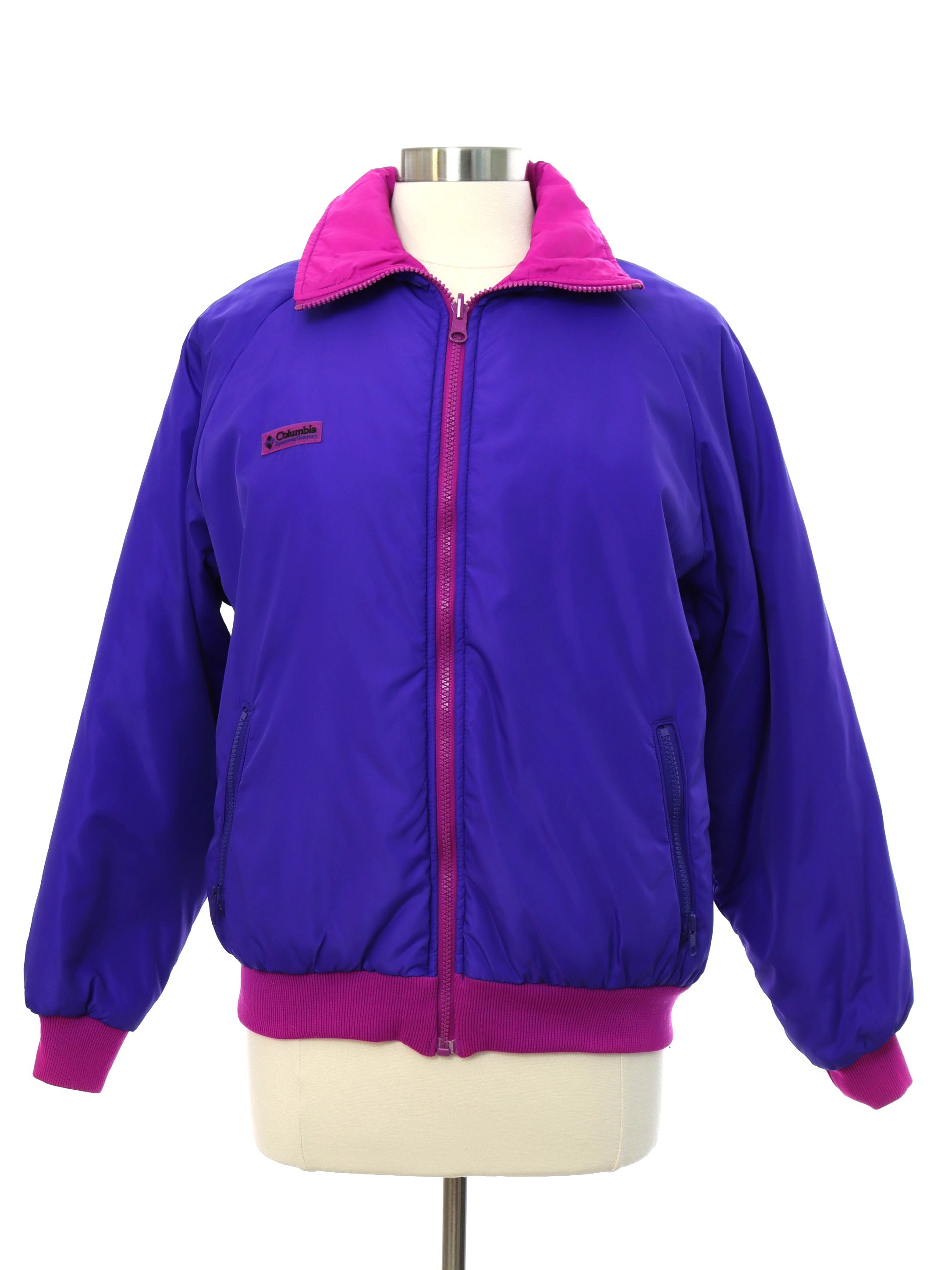 Columbia Sportswear 1980s Vintage Jacket Late 80s or early 90s Columbia Sportswear Womens purple and magenta nylon longsleeve zip front reversible ski jacket with polyester filling. Classic style lo...