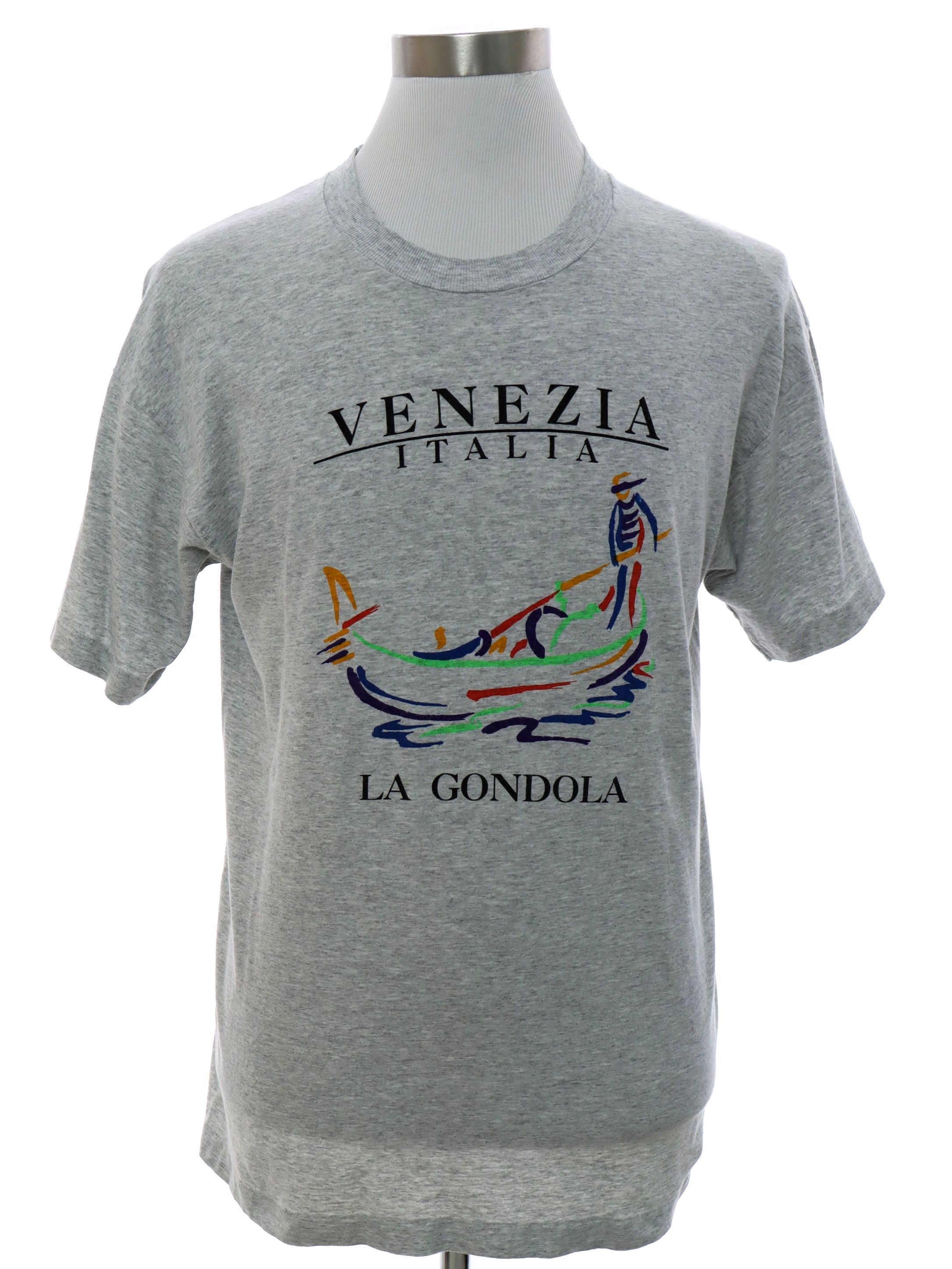 90s Vintage Screen Stars T Shirt: 90s -Screen Stars- Mens heathered gray  background cotton polyester blend short sleeve pullover single stitch  travel t-shirt with -Venezia Italia La Gondola- printed on front and