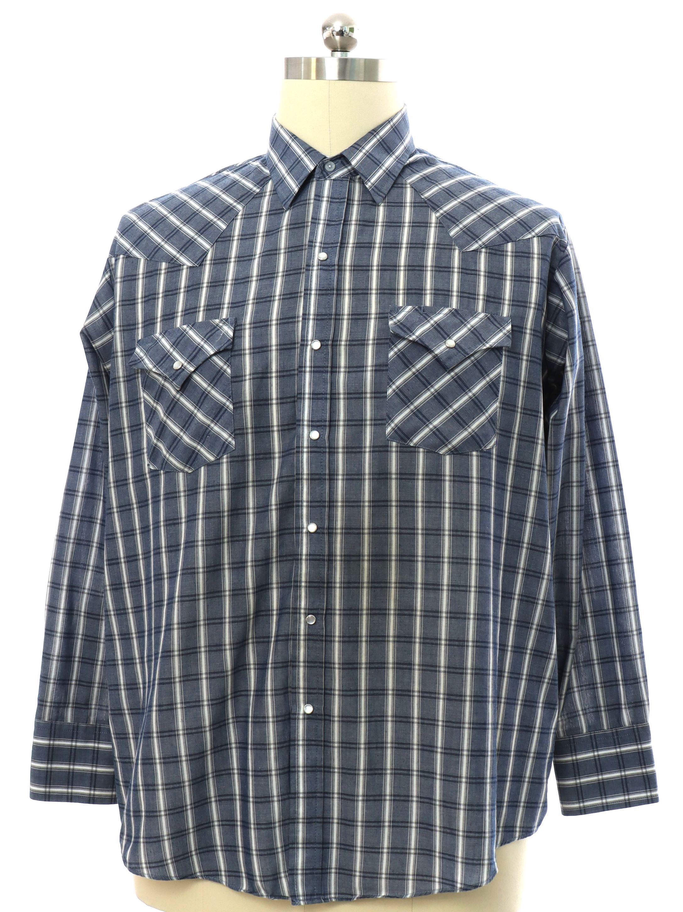 Western Shirt: 90s -Plains Western Wear- Mens hazy blue and white plaid ...