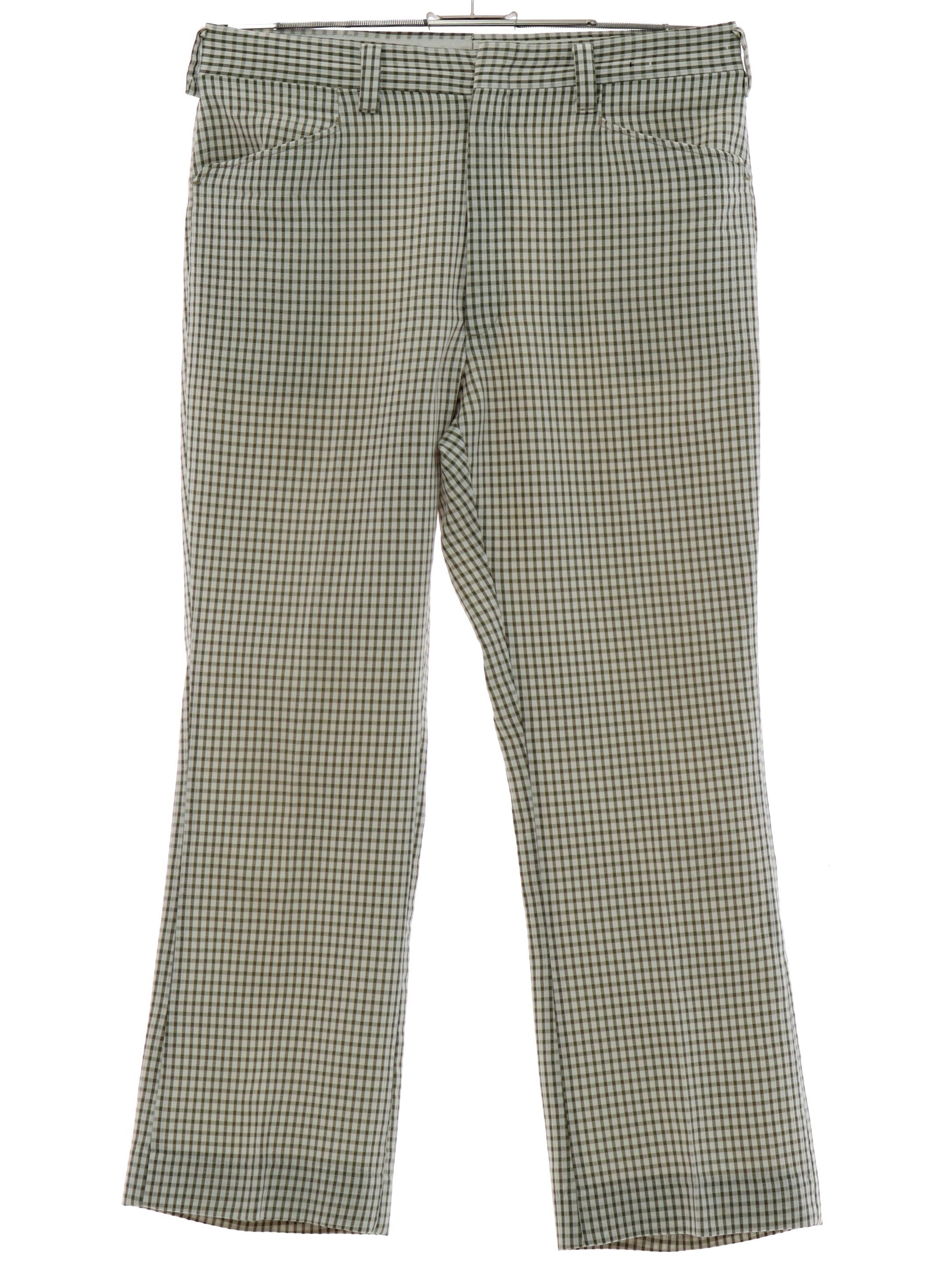 Vintage 1970's Pants: 70s -No Label- Mens ivory and sage green plaid ...