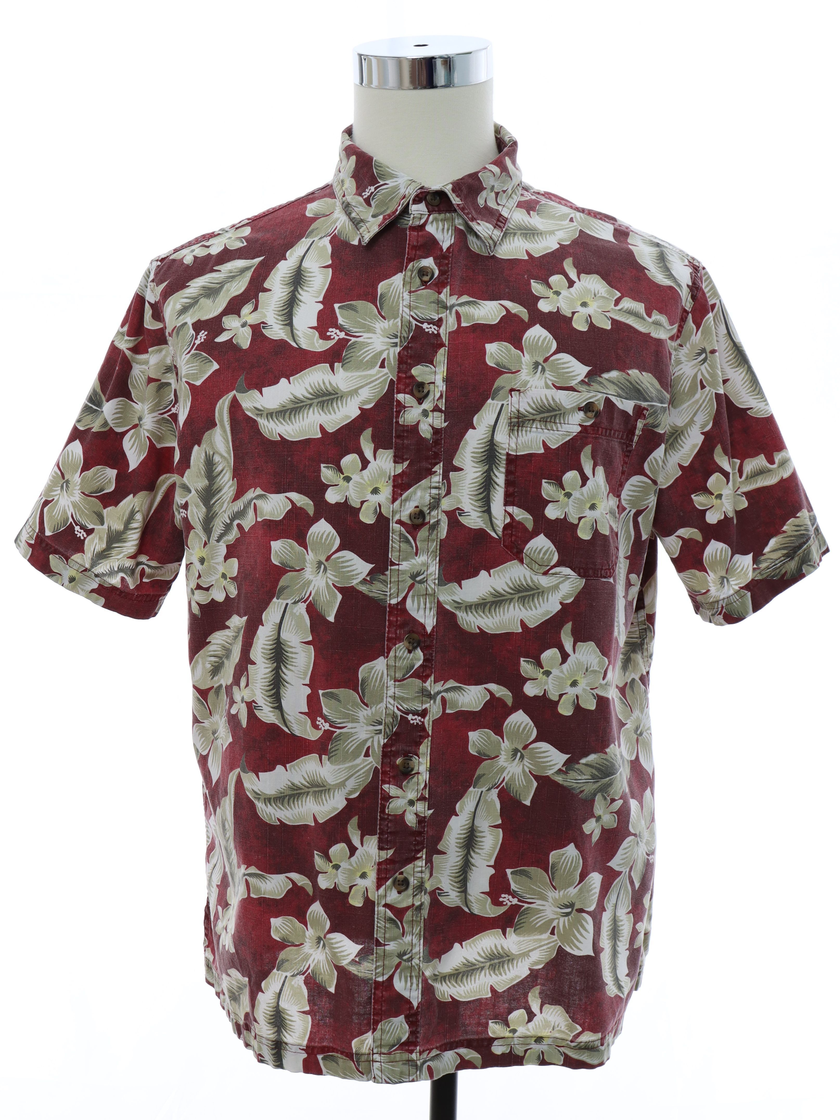 Hawaiian Shirt: 90s -Croft and Barrow- Mens faded red and burgundy ...