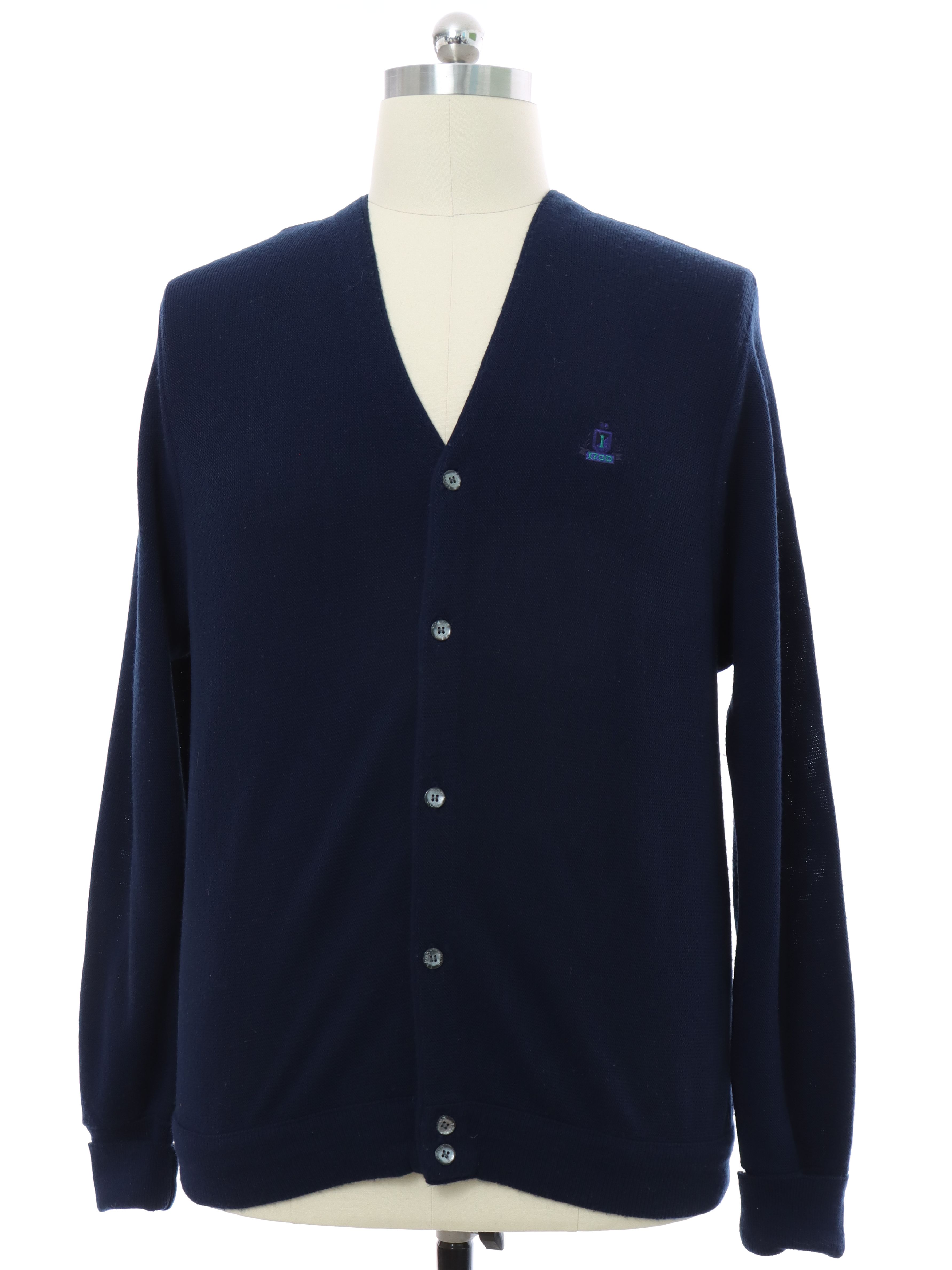 1980s Vintage Caridgan Sweater: Late 80s -Izod- Mens navy blue acrylic ...