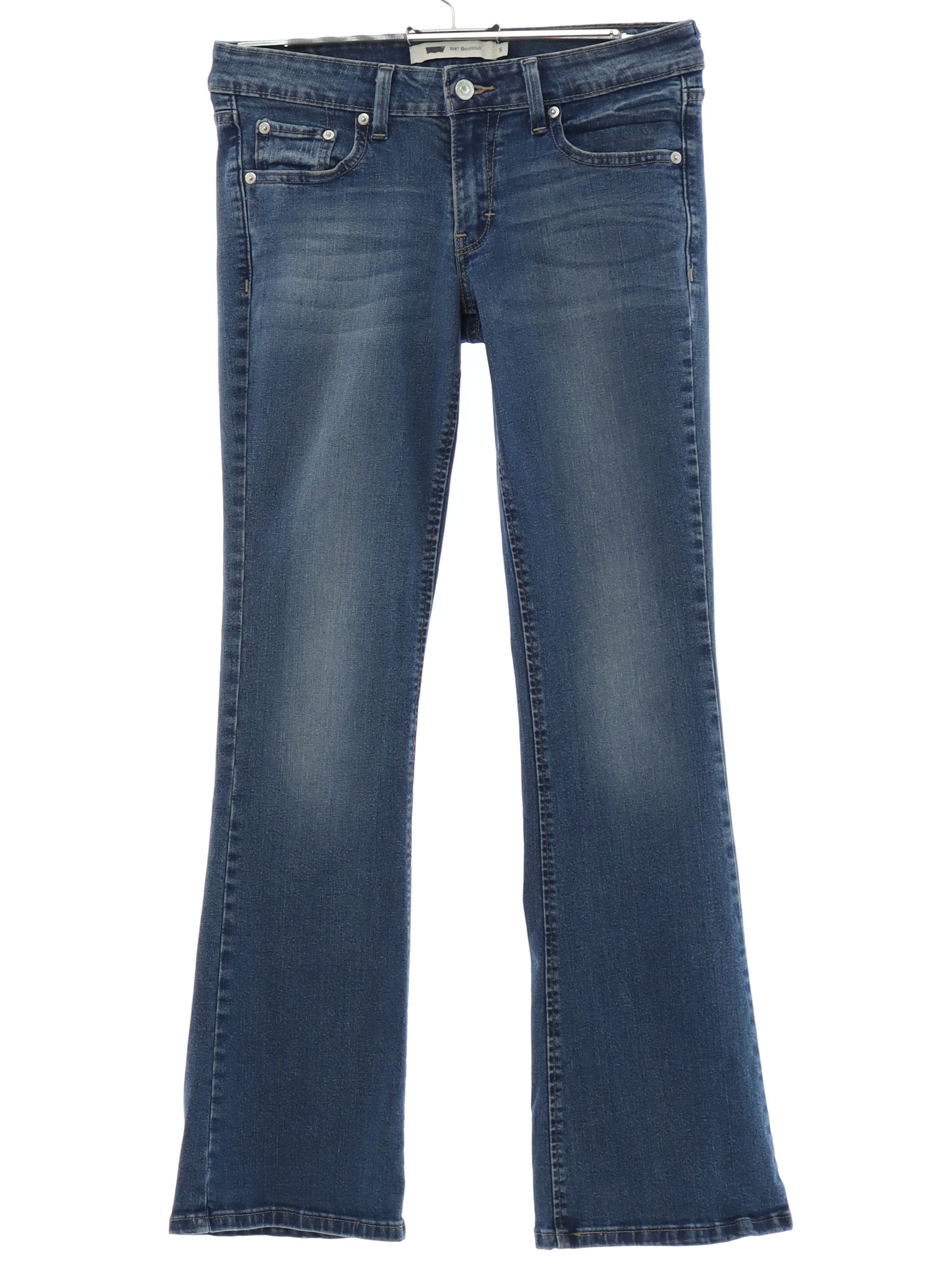 Flared / Flares: 90s -Levis 518- Womens blue stretchy spandex levis 518 bootcut flared denim jeans pants with zipper fly closure with button. Five pocket style - scoop pockets