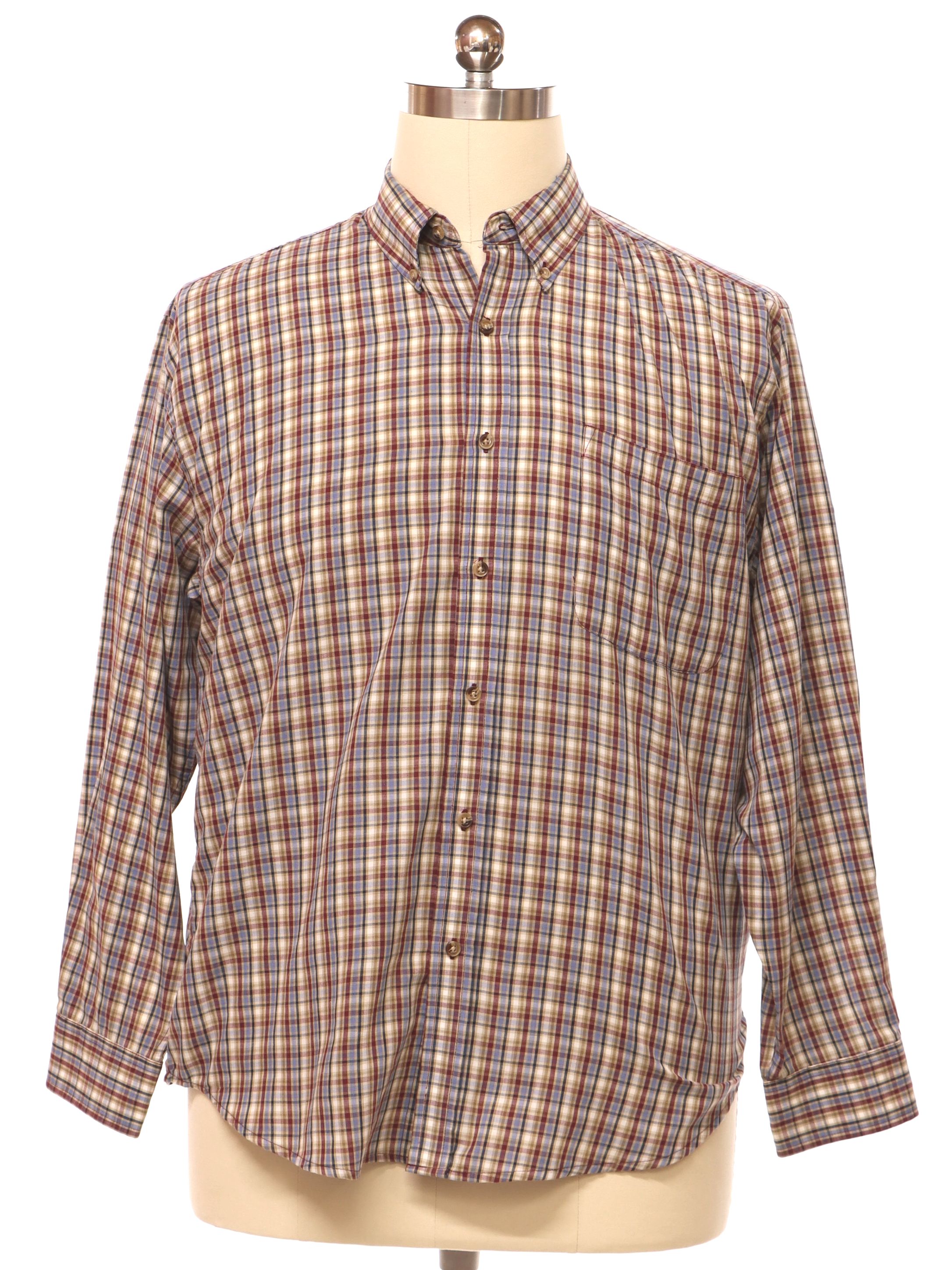 Shirt: 90s -Puritan- Mens light blue, burgundy, tan, and white plaid ...