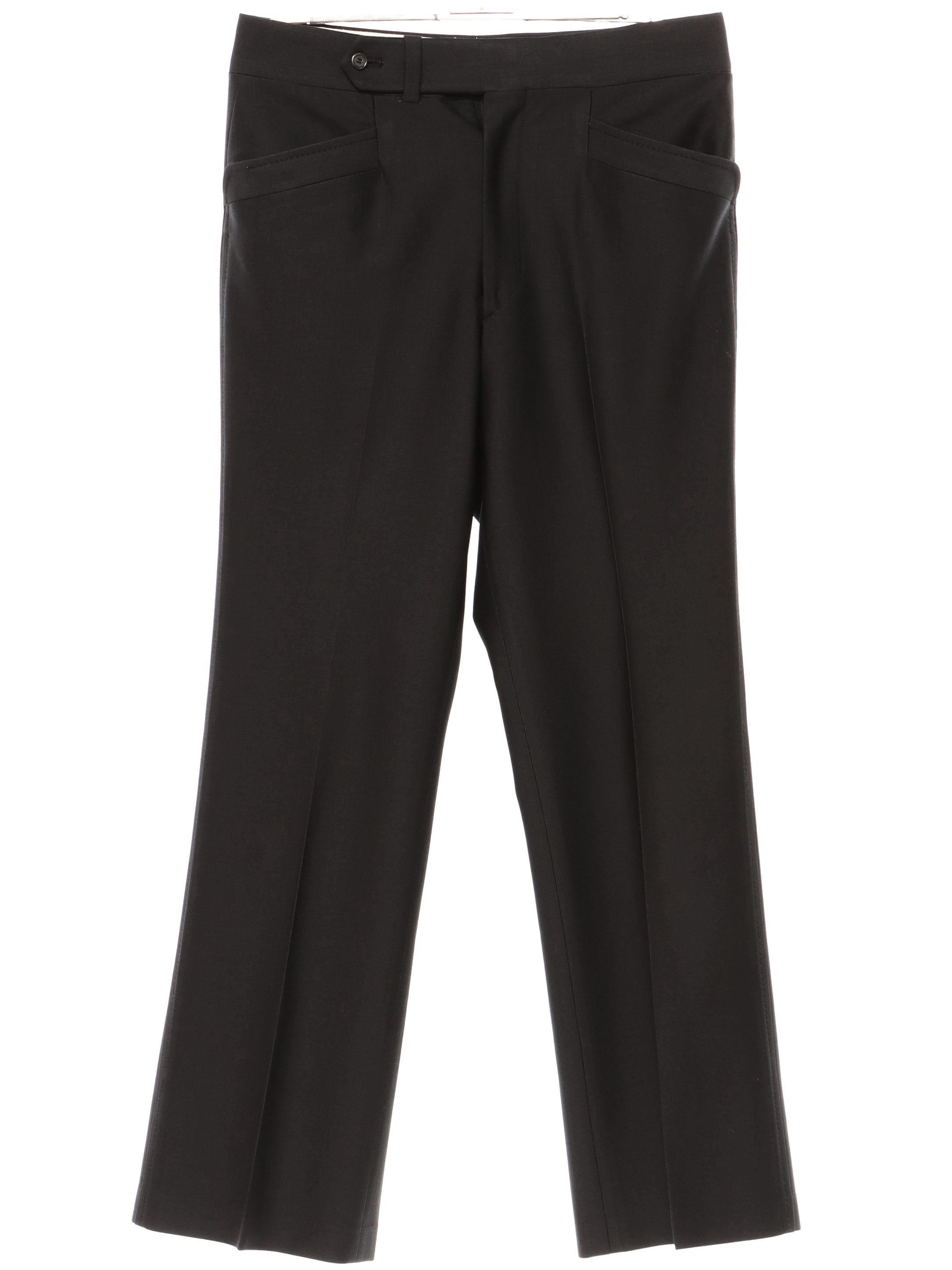 1970's Retro Pants: 70s -Care Label- Mens black solid colored polyester ...