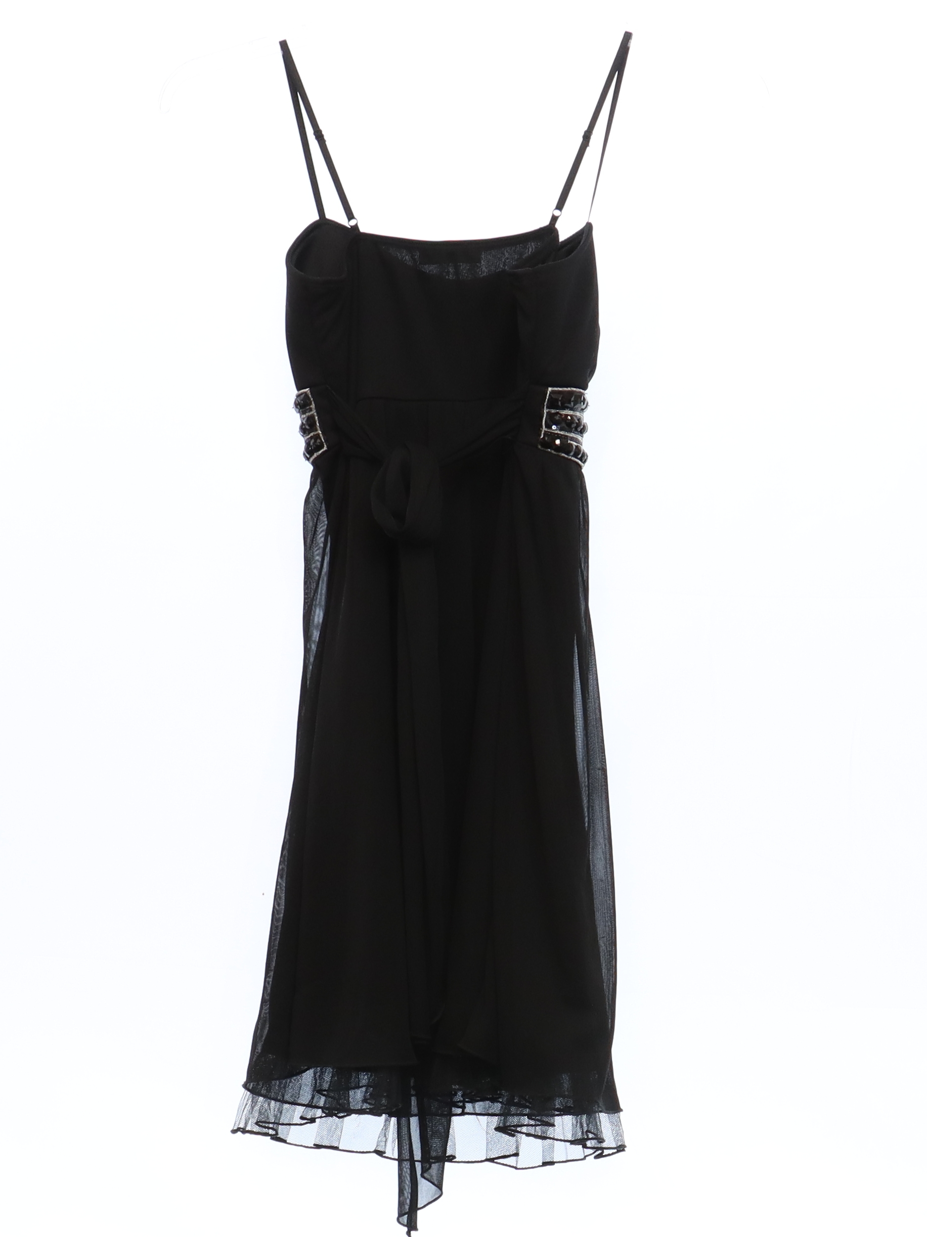 Cocktail Dress: 90s -Ruby Rox- Womens black slinky polyester adjustable  thin strap sleeveless mini prom or cocktail dress. Semi-scoop neckline,  stretchy fitted bodice, empire waistline. There is a wide band of faceted