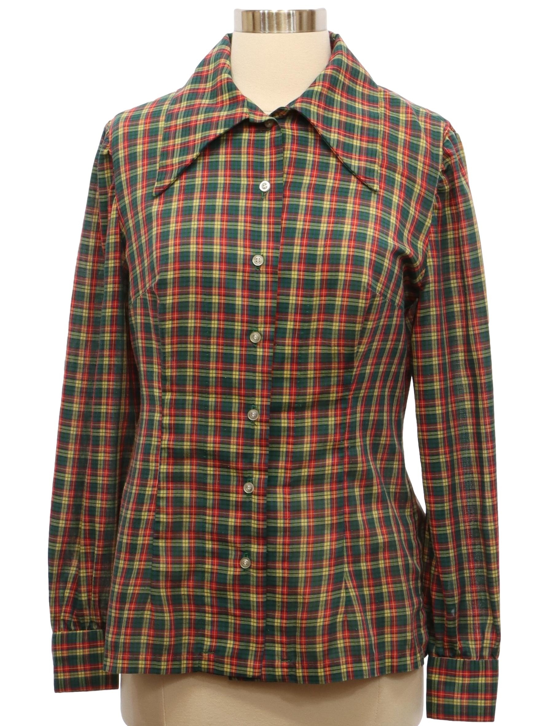 70s Vintage Shirt: 70s -No Label- Womens forest green, yellow, red, and ...