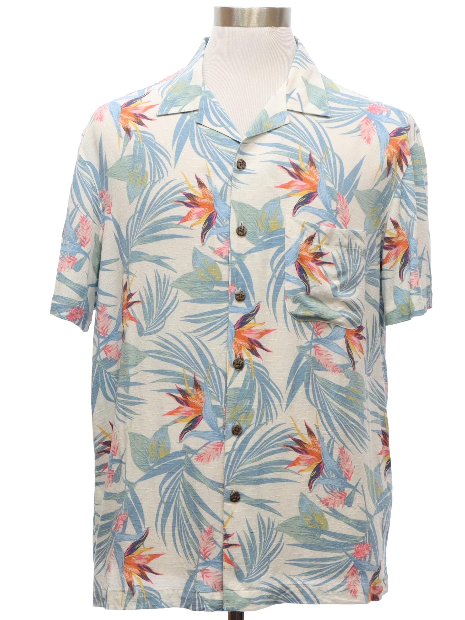 Hawaiian Shirt: 90s -George- Mens white background rayon short