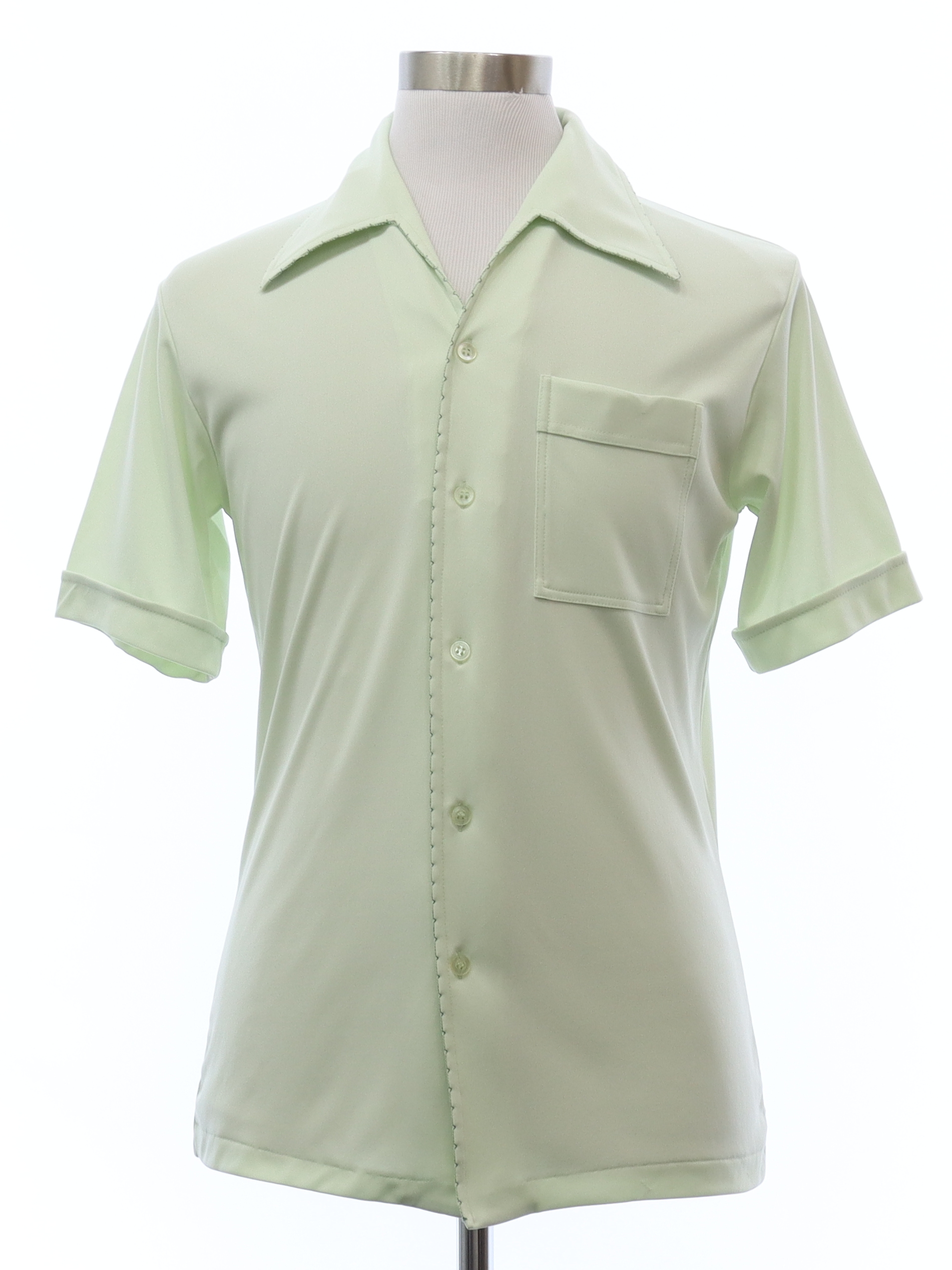 Retro 1970s Disco Shirt: 70s -Joel- Mens pale green slinky