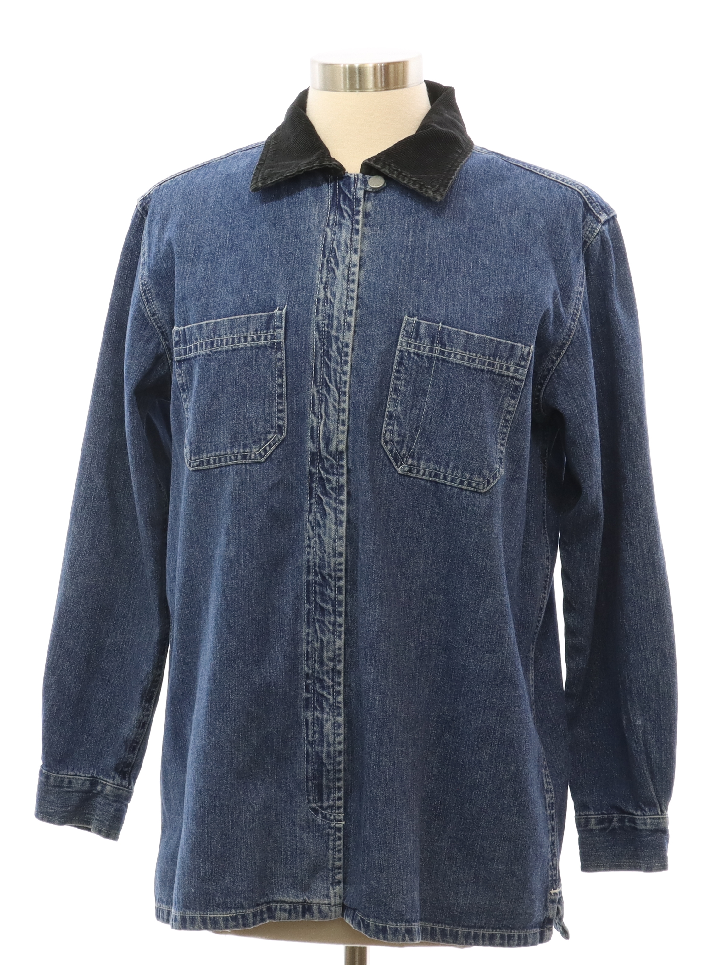 Retro 1990's Shirt (NY Jeans) : Late 90s or Early y2k 2000s -NY Jeans-  Womens hazy blue cotton button cuff longsleeve front zippered closure stone  washed denim shirt. A contrasting black corduroy