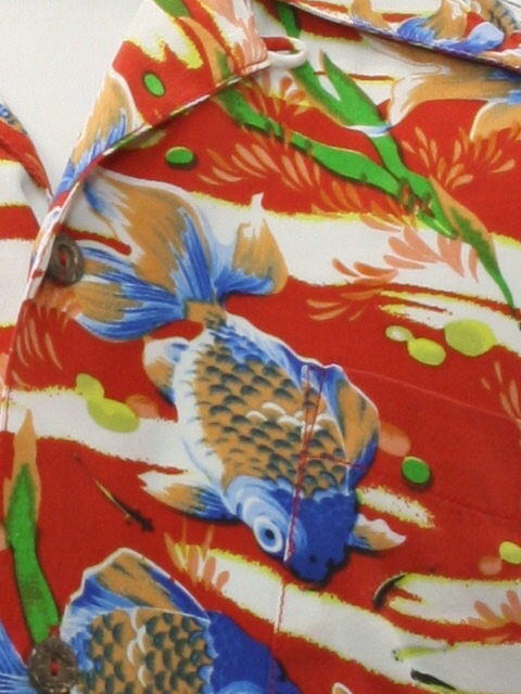 1950's Hawaiian Shirt: 50s style (made in 90s) -An Original Avanti  Authentic Hawaii- Boys red background with white, acid greens, cobalt  blues, dusty oranges, black, reproduction 50s style print with tropical fish
