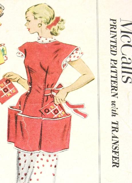 Retro Forties Sewing Pattern: 40s -McCall Pattern No. 1713- Womens printed  Cobbler apron pattern having extended shoulders tie waist extensions and  large front pockets.