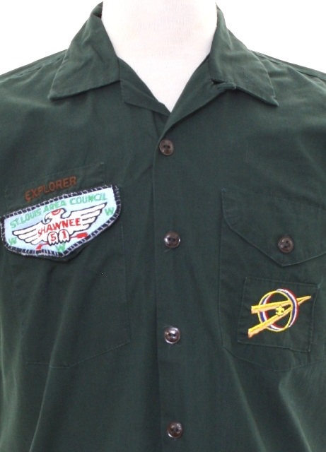 Retro 60's Shirt: Early 60s -Boy Scouts of America Official Shirt  Sanforized- Mens deep green cotton twill Explorer Scount uniform shirt with short  sleeves, shirttails hemline, button front, chest patch pockets with