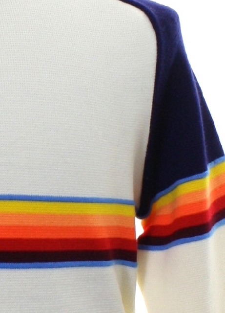 80's Vintage Sweater: 80s -No Label- Unisex off white background cotton  acrylic blend pullover dolman longsleeve totally 80s ski sweater with  ribbed knit round neckline. Featuring classic 80s rainbow stripe, dark blue