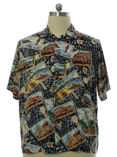 1990's Mens Joe Kealuhas Woody Wagon Print Rayon Hawaiian Shirt