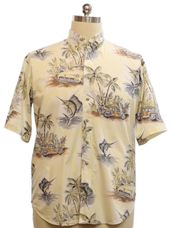 1990's Mens Woody Wagon and Marlin Themed Cotton Hawaiian Shirt