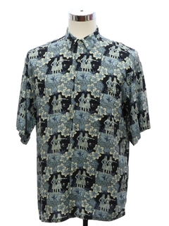 1990's Mens Rayon Hawaiian Hula Dancer Print Shirt