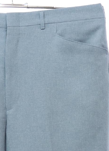 1970's Vintage Haggar Pants: 70s -Haggar- Mens heathered light blue  polyester hopsack flat front leisure pants with cuffless hem, front slanted  top entry pockets, one rear inset open pocket and one rear